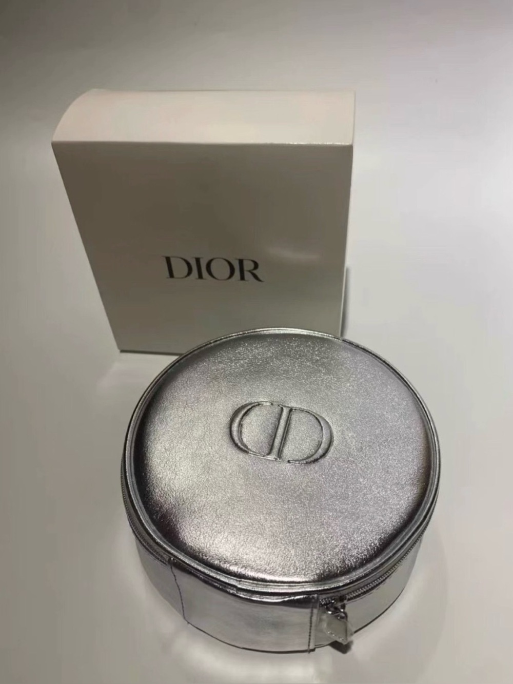 Dior Beauty Silver Round Pouch Makeup Travel Bag